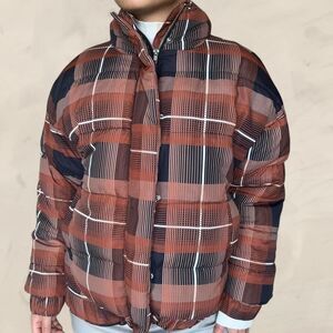 Anthropologie sparkz Copenhagen plaid puffer jacket boxy size small brown